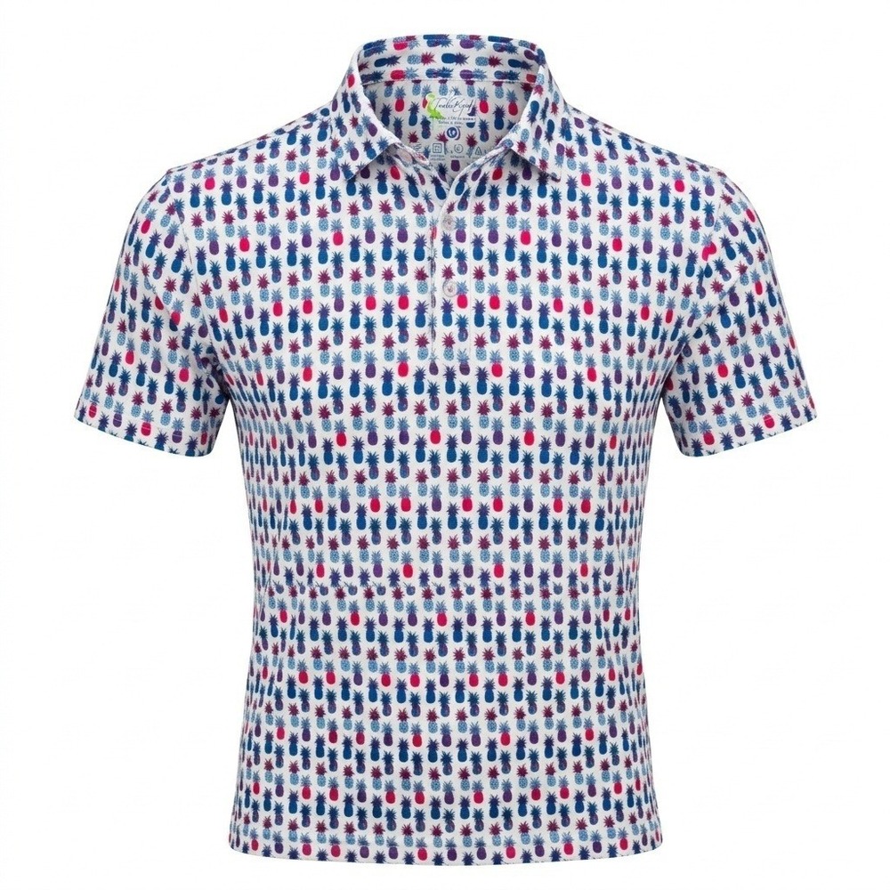 TailorByrd Pineapple‎ Print Polo Shirt Men Medium Short Sleeve White Performance